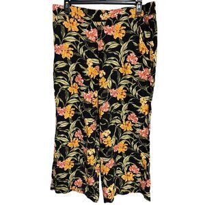 Kensie Jeans Floral Wide Leg Capri Pants Linen Blend Black Hibiscus Womens XL